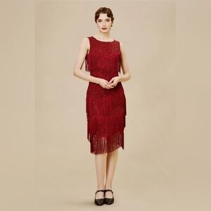 Babeyond Red Fringe Midi Dress Medium